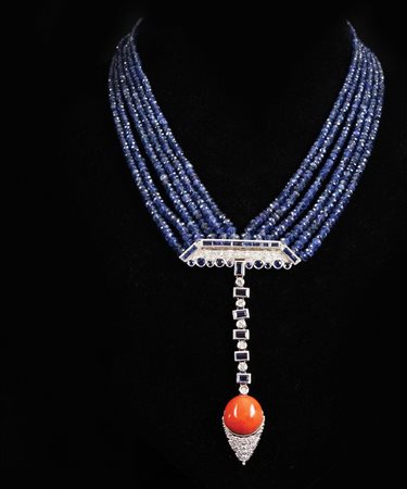 Collana a 6 fili di perle di cianite; pendente in oro bianco con zaffiri,...