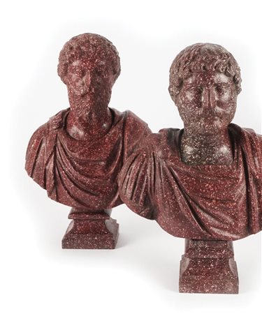 Coppia di sculture in porfido ciascuna raffigurante il busto di un imperatore...