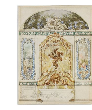 Coppia di acquarelli ciascuno raffigurante una parete di salone nobile. XIX...