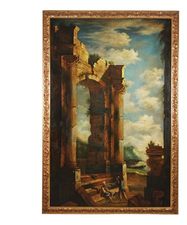 Grande pannello di forma rettangolare dipinto ad olio su tela a raffigurare...