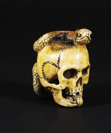 Netzuke in avorio scolpito a raffigurare un teschio con un serpente. Cina,...