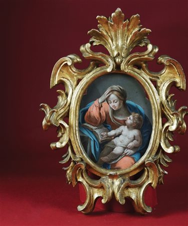 Ludovico Lana (ambito) Madonna col Bambino olio su rame a sesto ovale, cm....
