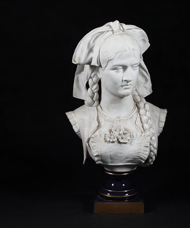 Paul Duboy Busto di contadina con cuffia, 1873 scultura in biscuit, h. cm....