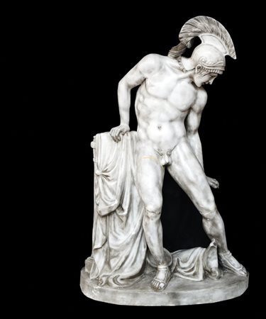 Scultura in marmo bianco raffigurante Achille, cm. 99,5x68x33 (restauri;...