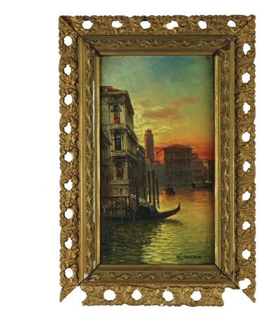 Natale Gavagnin Venezia al tramonto olio su tavoletta, cm. 27x15 Firma in...