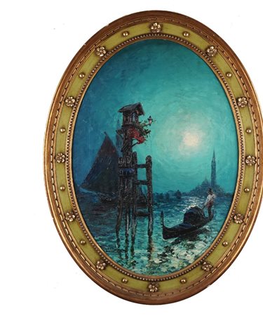 Italo Giordani Vespro veneziano olio su tela a sesto ovale, cm. 70x50 Firma...