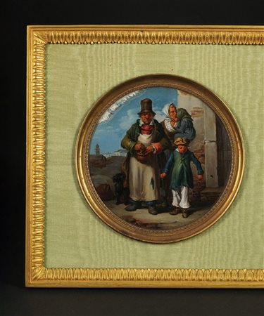 Eugenio Bosa Scena di genere dipinto sottovetro a sesto circolare, d. cm....