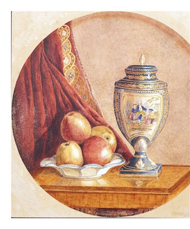 Pittore del XX secolo Interno con natura morta coppia di tecniche miste su...