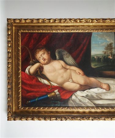 Pittore del XIX secolo Cupido dormiente olio su tela, cm. 56x70 (qualche...