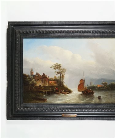 Salomon Leonardus Verveer Paesaggio fluviale con imbarcazione e figure, 1849...