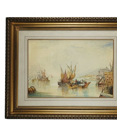 Pittore del XIX secolo Veduta del porto di Genova acquarello su cartone, cm....