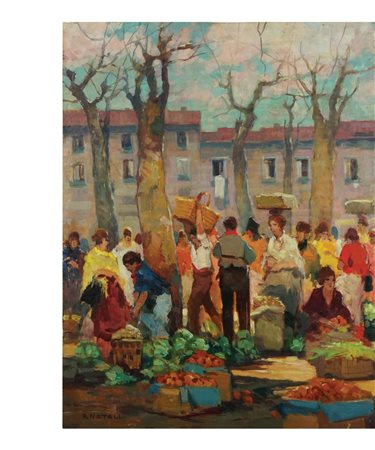Renato Natali Scena di mercato olio si compensato, cm. 49x39 Firma in basso a...