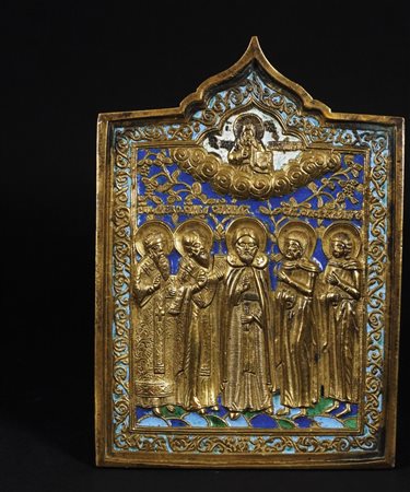 Icona da viaggio in bronzo e smalti raffigurante i santi Modesto, Blasio,...