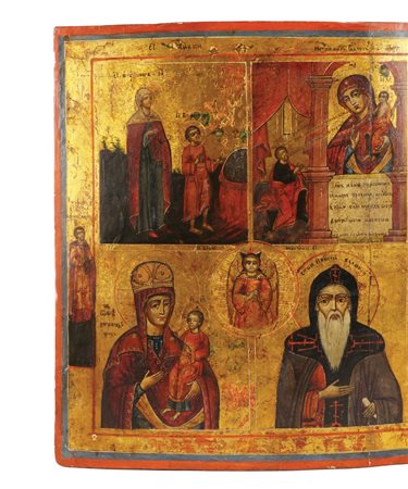 Icona quadripartita a tempera al rosso d'uovo su tavola raffigurante...