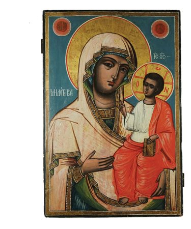Icona a tempera al rosso d'uovo raffigurante la Vergine col Bambino. Russia,...