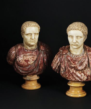 Coppia di sculture in marmi policromi ciascuna raffigurante il busto di un...