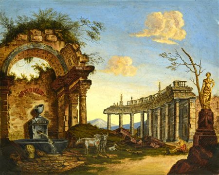 Scuola dell'Italia Centrale del XVII secolo CAPRICCIO olio su tela, cm 31x39...