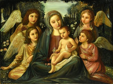 Rosario Pulvirenti (1899 - 1966) MADONNA CON BAMBINO E ANGELI olio su...