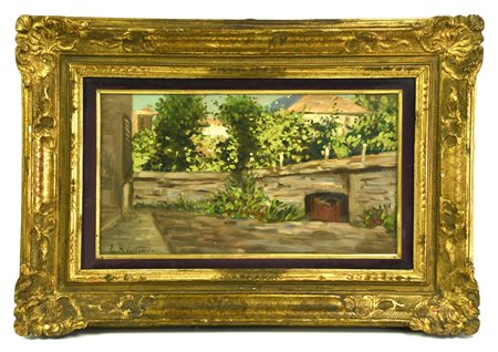 Enrico Reycend (1855 - 1928) IL GIARDINO olio su tavola, cm 24,5x45 firma