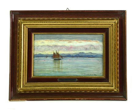 Angelo dall'Oca Bianca (1858 - 1942) IL GARDA olio su tavoletta, cm 17x29...