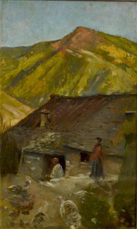Cesare Ciani (1854 - 1925) CASOLARE CON CONTADINE olio su cartone, cm 32x19,5...