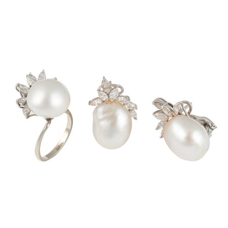 PARURE, Orecchini e anello con perle e diamanti