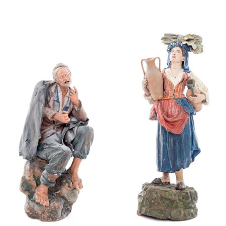 DUE SCULTURE da presepe in terracotta policroma
