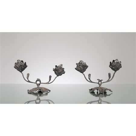 OFFICINE PALERMITANE XX SEC. Due portacandele in argento