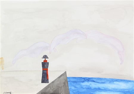 Piero Gianuzzi MOLO CON PRETINO tecnica mista su cartoncino, cm 50,5x73...