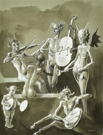 Stanislao Lepri ORCHESTRA DI DIAVOLI tecnica mista su foglio, cm 33x25 firma