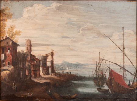 Scuola veneta XVIII secolo ( - ) 
Veduta costiera 
olio su tela cm 45x61