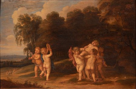 Scuola Fiamminga del XVIII secolo ( - ) 
Bacchino ebro con Putti in paesaggio 
olio su tavola cm 28x42