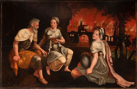 Scuola Fiamminga XVII secolo ( - ) 
Lot e le figlie 
Olio su tavola cm 57x87