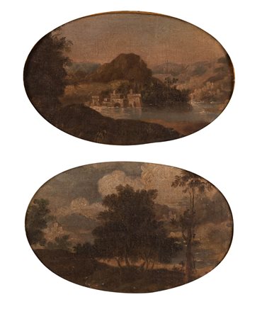 Scuola veneta XVIII secolo ( - ) 
Coppia di paesaggi 
Olio su tela applicato su tavola cm 16,5x25 ovali