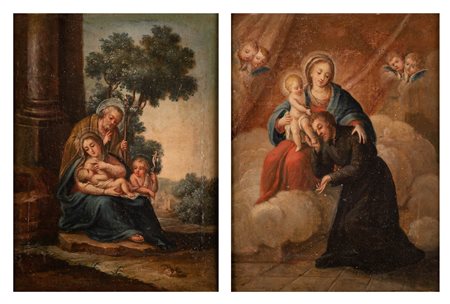 Scuola Romana XVIII secolo ( - ) 
Coppia di dipinti raffiguranti "Riposo dalla fuga in Egitto" e "Madonna con Bambino e Sant'Ignazio di Loyola" 
olio su tela applicato su tavola cm 21x16