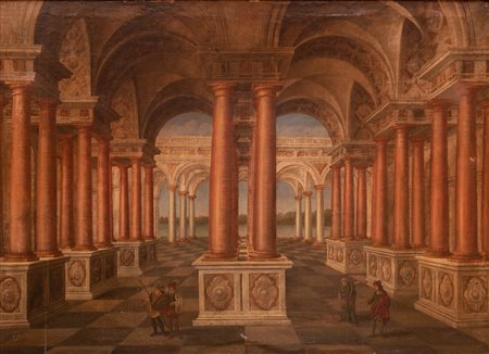 Scuola Emiliana XVIII secolo ( - ) 
Architettura con figure 
Olio su tela cm 123x171