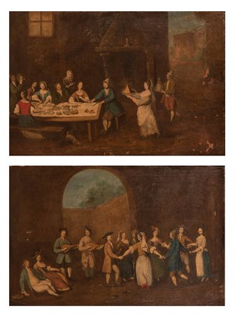 Scuola Marchigiana XVIII secolo ( - ) 
Coppia di dipinti raffiguranti "Scena di festa" e "Banchetto all'aperto" 
Olio su tela cm 62x91  e  59x89