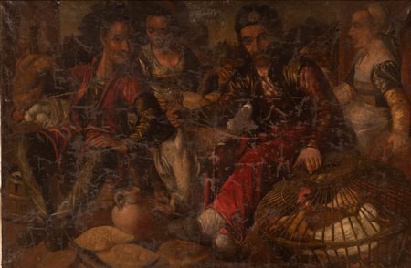 Scuola Fiamminga XVII secolo ( - ) 
Scena di mercato 
Olio su tela cm 105x157