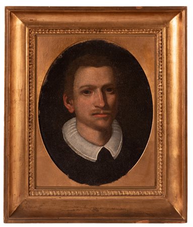 Scuola Emiliana XVII secolo ( - ) 
Ritratto di gentiluomo 
olio su tela ovale applicato su campo rettangolare cm 41x32