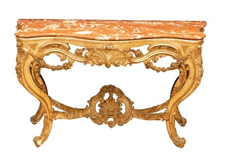Manifattura napoletana del XVIII secolo ( - ) 
Consolle in stile Luigi XIV 
Legno argentato a mecca cm 101x161x66