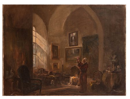 Pittore francese XX secolo ( - ) 
L'antiquario 
Olio su tela cm 60x80