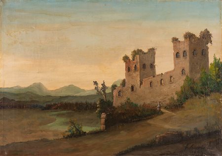 Scuola Dell'Italia del nord del XIX secolo ( - ) 
Paesaggio con fortezza 
olio su tela cm 50x70