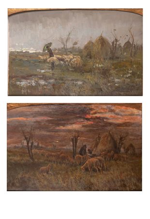 Anacleto Moiraghi (1:Principale) (Binasco, 1880 - Milano, 1943) 
Coppia di paesaggi con pastori e armenti 
Olio su tela  cm 63x99