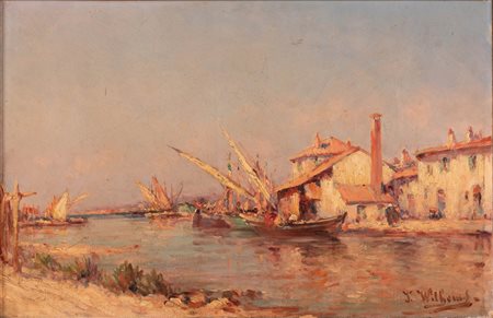 Pittore del Nord Europa del XX secolo ( - ) 
Veduta fluviale 
Olio su tela cm 28x41