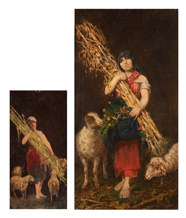 Caprile, Vincenzo (Napoli, 1856 - Napoli, 1936) 
Lotto di 2 dipinti raffiguranti Pastorella e relativo bozzetto 
Olio su tela e Olio su tavola cm 82x44 e 34x17