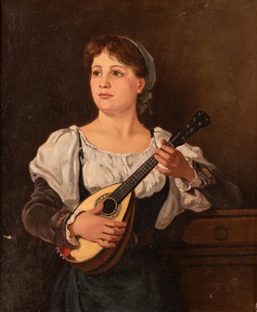 Tiratelli, Aurelio (Roma, 1842 - 1900) 
Ritratto di donna con mandolino 
Olio su tela cm 48x40