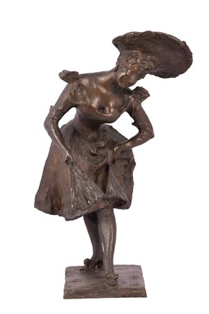 Bazzaro, Ernesto (Milano, 1859 - Milano, 1937) 
Scultura raffigurante ragazza con ventaglio 
Bronzo a cera persa altezza cm 61 / base 20x23