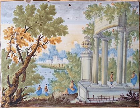 Nicola Cappelletti attr. (1:Principale) (Castelli, 1691 - Castelli, 1767) 
Mattonella raffigurante paesaggio con ruderi e figure 
Maiolica dipinta cm 21x27