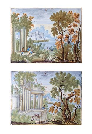 Nicola Cappelletti attr. (1:Principale) (Castelli, 1691 - Castelli, 1767) 
Coppia di mattonelle raffiguranti paesaggi con ruderi e figure 
Maiolica dipinta cm 21x27