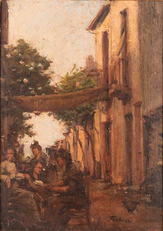 Pittore francese XX secolo ( - ) 
Paesaggio con rosaio e donne 
Olio su legno cm 33x23